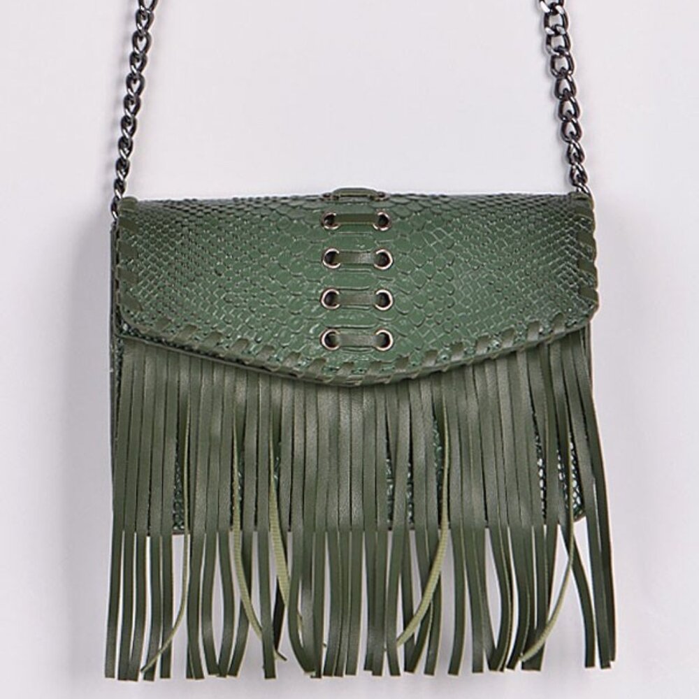 Animal Print Embossed W/ Fringe /Tassel Crossbody Bag - Boho Style - Green - NWT